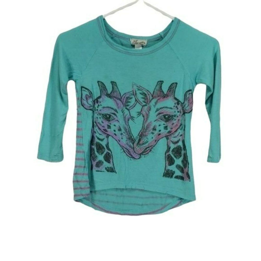 Taenna Girls Teal Blue Giraffe‎ Animal Print Striped Short Sleeve Shirt 6